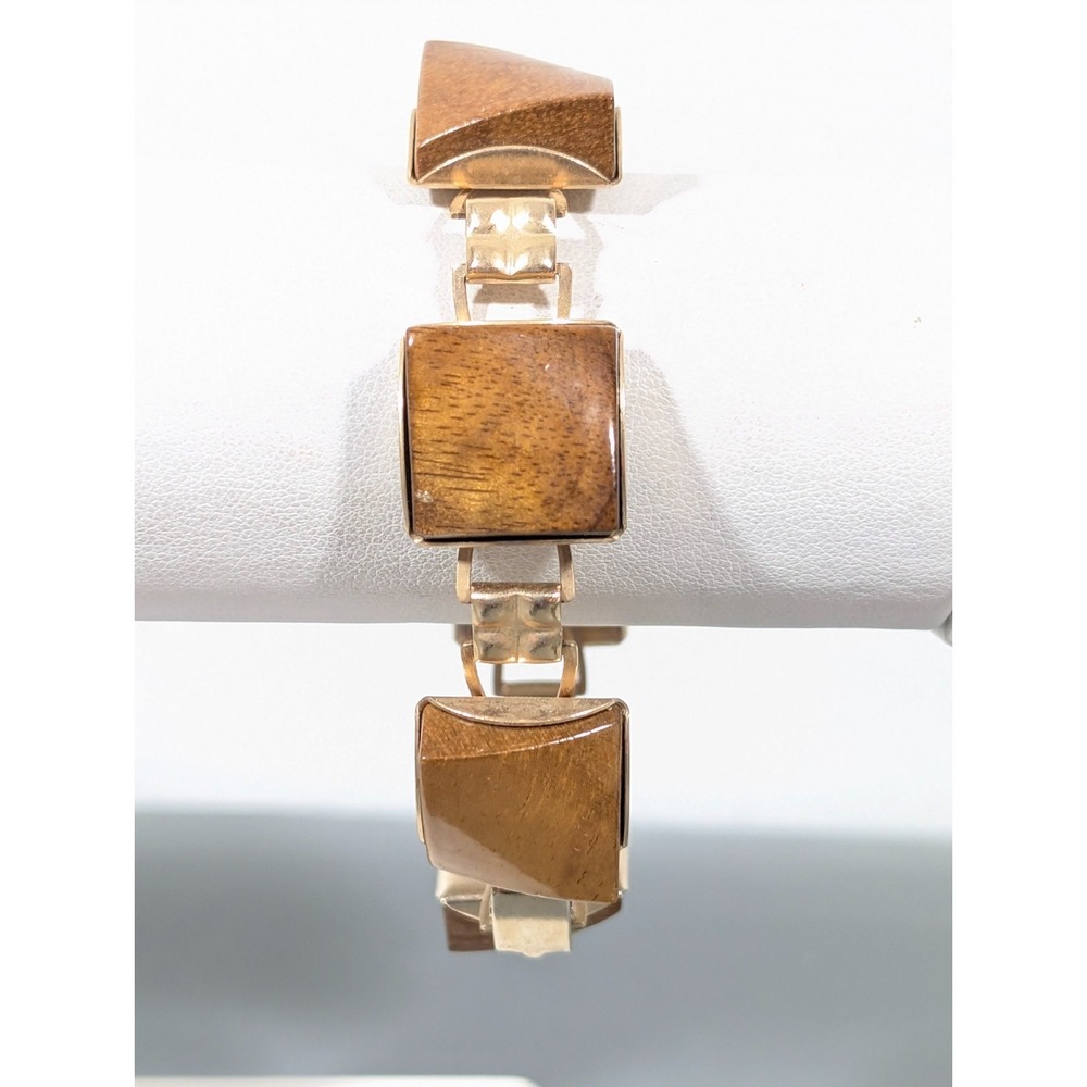 Vintage Gold tone Brown Wood Square Chain Tennis Bracelet 7 in